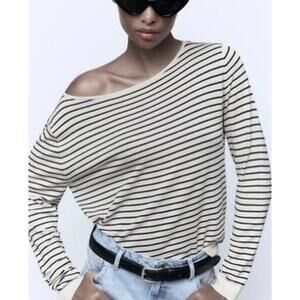 ZARA NWOT WOMENS FLUID KNIT STRIPE SWEATER IN ECRU|NAVY-SIZE MEDIUM